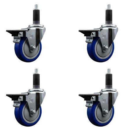 Service Caster 4'' Blue Poly Swivel 1-1/8'' Expanding Stem Caster Set with Brake, 4PK SCC-EX20S414-PPUB-BLUE-PLB-118-4